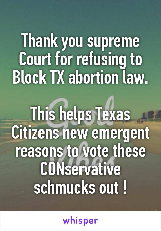 Thank you supreme Court for refusing to Block TX abortion law.

This helps Texas Citizens new emergent reasons to vote these CONservative schmucks out !