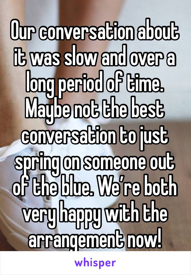 Our conversation about it was slow and over a long period of time. Maybe not the best conversation to just spring on someone out of the blue. We’re both very happy with the arrangement now!