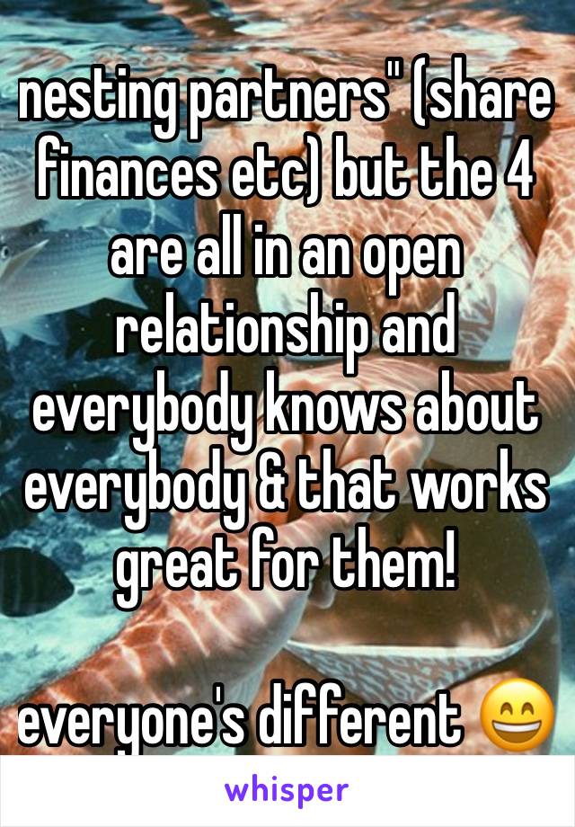 nesting partners" (share finances etc) but the 4 are all in an open relationship and everybody knows about everybody & that works great for them!

everyone's different 😄