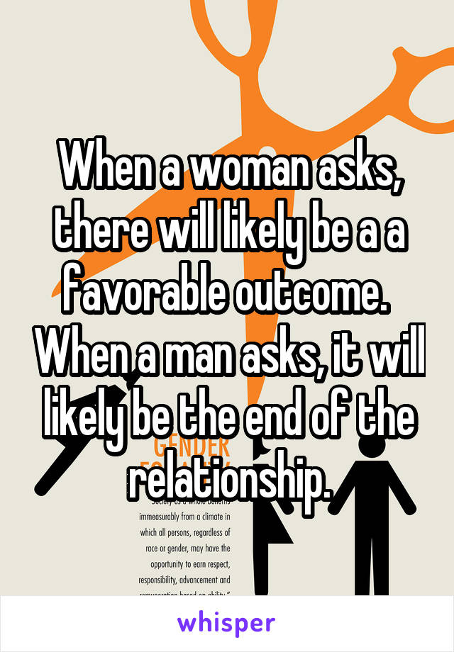 When a woman asks, there will likely be a a favorable outcome.  When a man asks, it will likely be the end of the relationship.