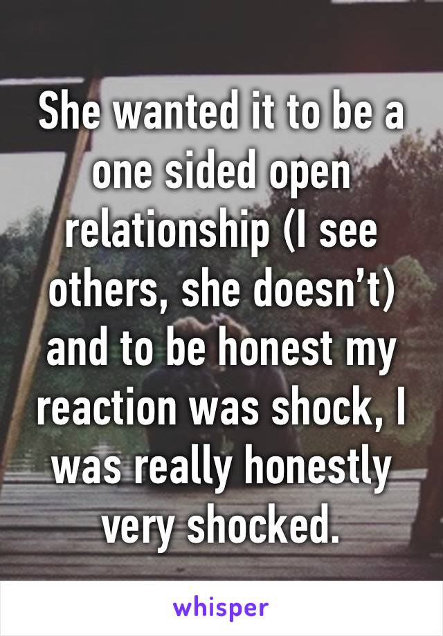 She wanted it to be a one sided open relationship (I see others, she doesn’t) and to be honest my reaction was shock, I was really honestly very shocked. 