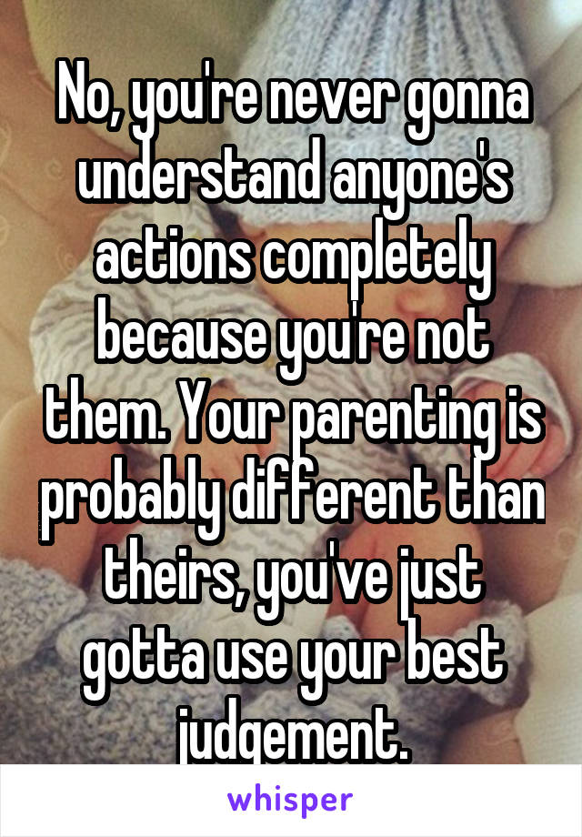 No, you're never gonna understand anyone's actions completely because you're not them. Your parenting is probably different than theirs, you've just gotta use your best judgement.