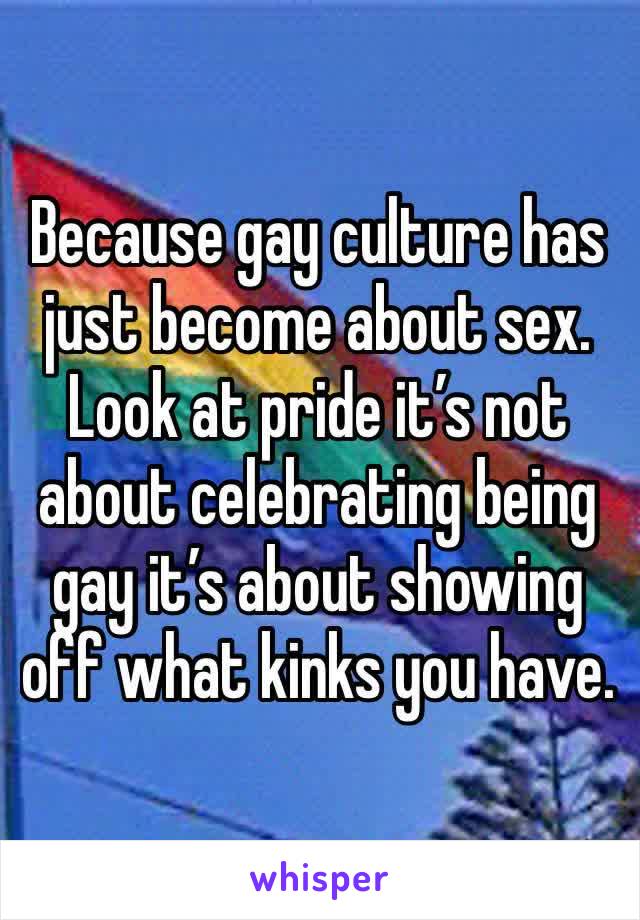 Because gay culture has just become about sex. Look at pride it’s not about celebrating being gay it’s about showing off what kinks you have. 