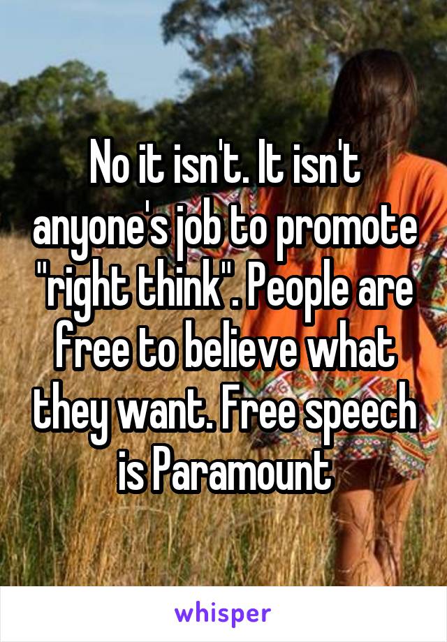 No it isn't. It isn't anyone's job to promote "right think". People are free to believe what they want. Free speech is Paramount