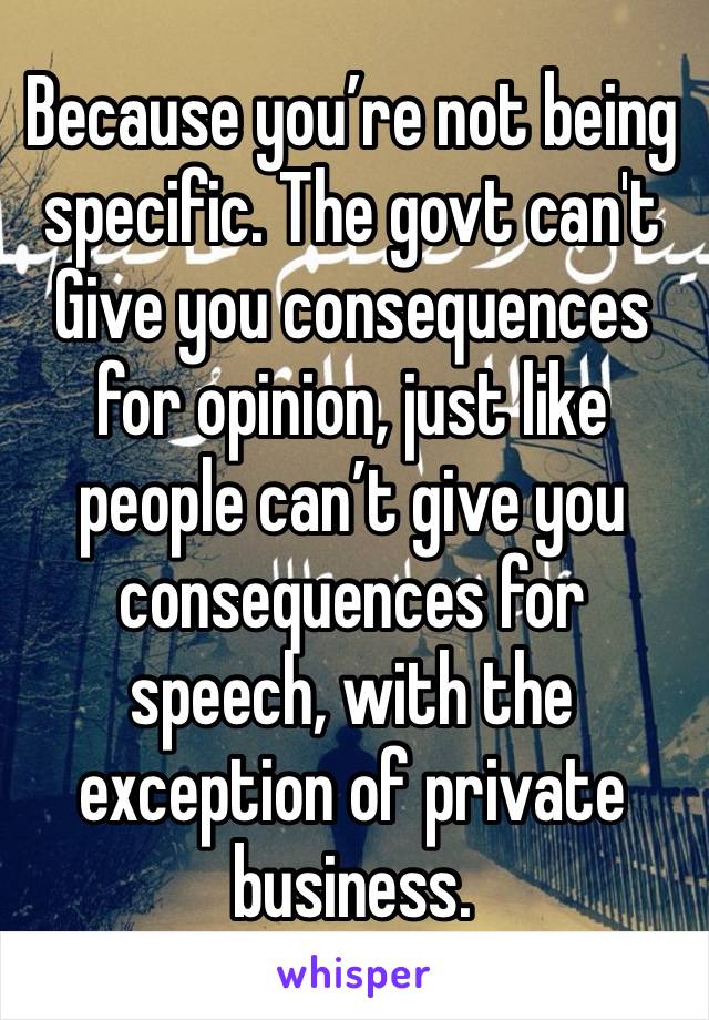 Because you’re not being specific. The govt can't Give you consequences for opinion, just like people can’t give you consequences for speech, with the exception of private business.