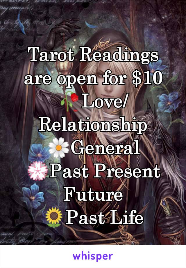 Tarot Readings are open for $10
🥀Love/Relationship
🌼General
💮Past Present Future
🌻Past Life