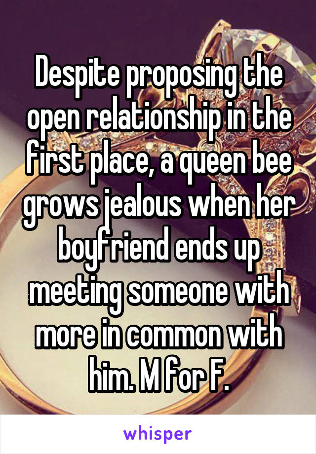 Despite proposing the open relationship in the first place, a queen bee grows jealous when her boyfriend ends up meeting someone with more in common with him. M for F.