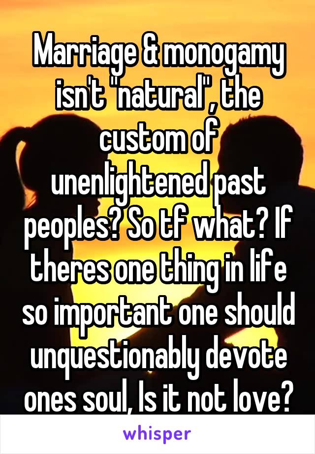 Marriage & monogamy isn't "natural", the custom of unenlightened past peoples? So tf what? If theres one thing in life so important one should unquestionably devote ones soul, Is it not love?