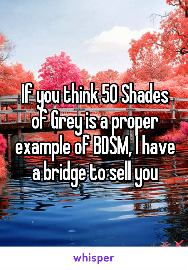 If you think 50 Shades of Grey is a proper example of BDSM, I have a bridge to sell you