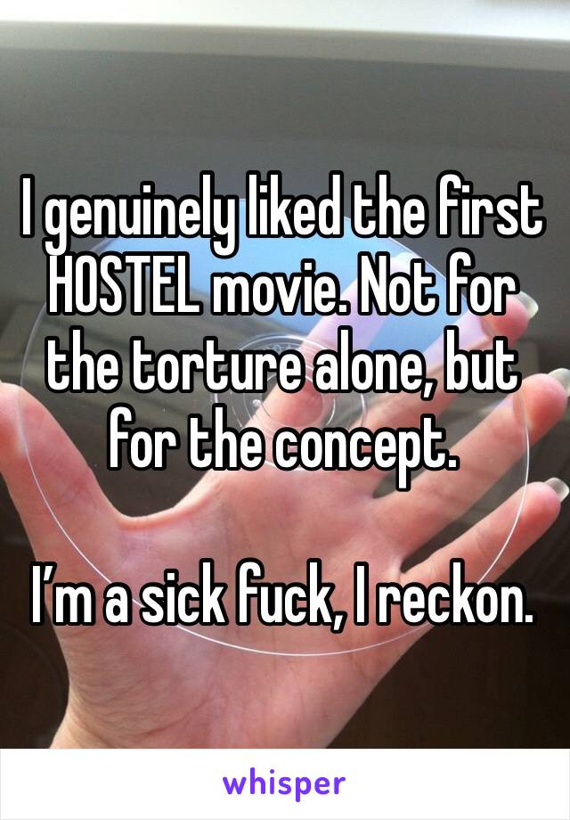 I genuinely liked the first HOSTEL movie. Not for the torture alone, but for the concept. 

I’m a sick fuck, I reckon. 