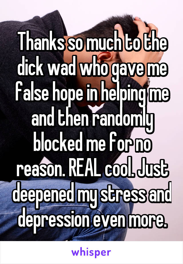 Thanks so much to the dick wad who gave me false hope in helping me and then randomly blocked me for no reason. REAL cool. Just deepened my stress and depression even more.