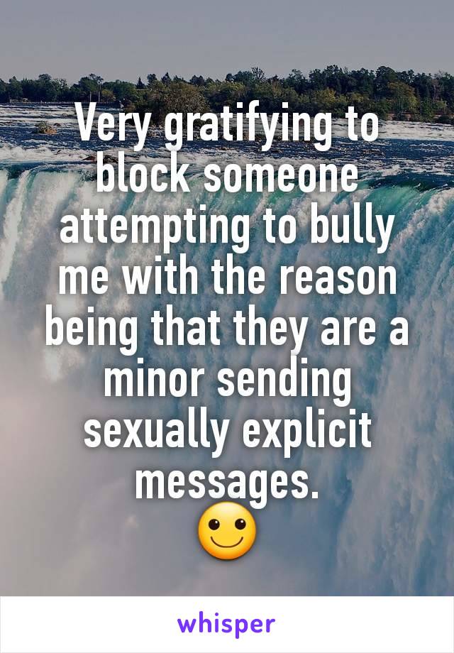 Very gratifying to block someone attempting to bully me with the reason being that they are a minor sending sexually explicit messages.
🙂