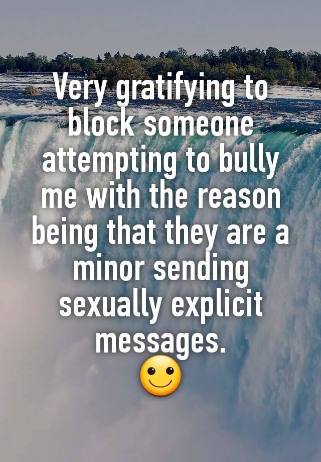 Very gratifying to block someone attempting to bully me with the reason being that they are a minor sending sexually explicit messages.
🙂