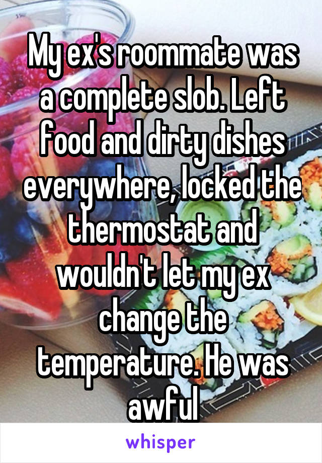 My ex's roommate was a complete slob. Left food and dirty dishes everywhere, locked the thermostat and wouldn't let my ex change the temperature. He was awful