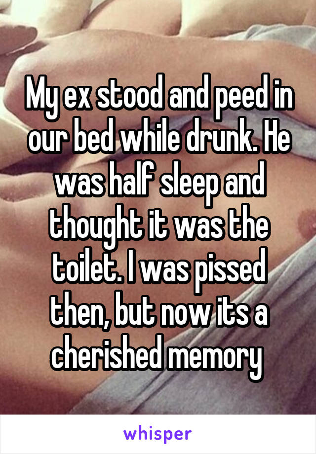 My ex stood and peed in our bed while drunk. He was half sleep and thought it was the toilet. I was pissed then, but now its a cherished memory 