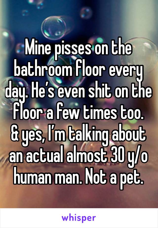 Mine pisses on the bathroom floor every day. He’s even shit on the floor a few times too.
& yes, I’m talking about an actual almost 30 y/o human man. Not a pet.