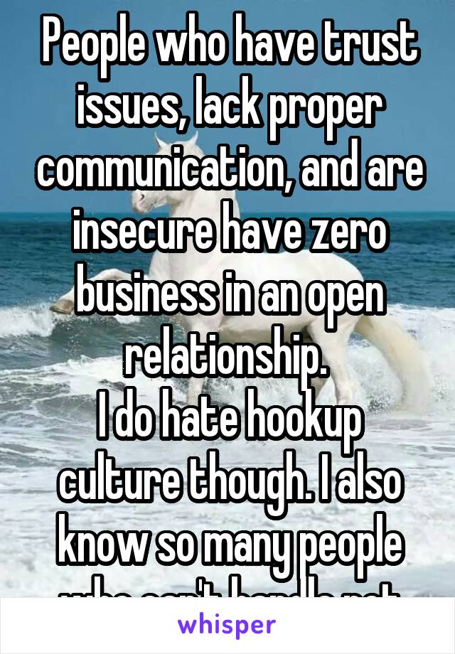 People who have trust issues, lack proper communication, and are insecure have zero business in an open relationship. 
I do hate hookup culture though. I also know so many people who can't handle not