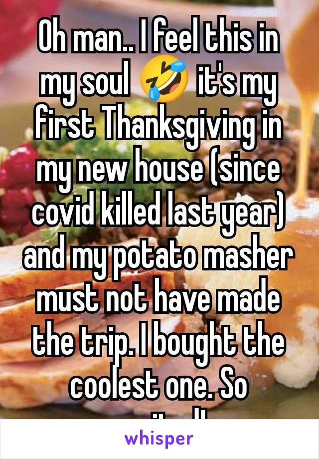 Oh man.. I feel this in my soul 🤣 it's my first Thanksgiving in my new house (since covid killed last year) and my potato masher must not have made the trip. I bought the coolest one. So excited!