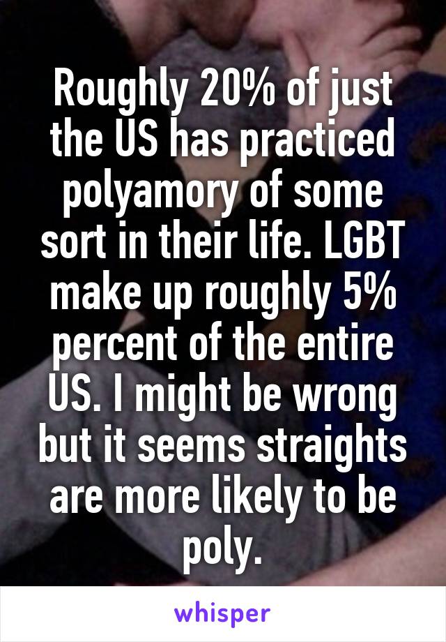 Roughly 20% of just the US has practiced polyamory of some sort in their life. LGBT make up roughly 5% percent of the entire US. I might be wrong but it seems straights are more likely to be poly.