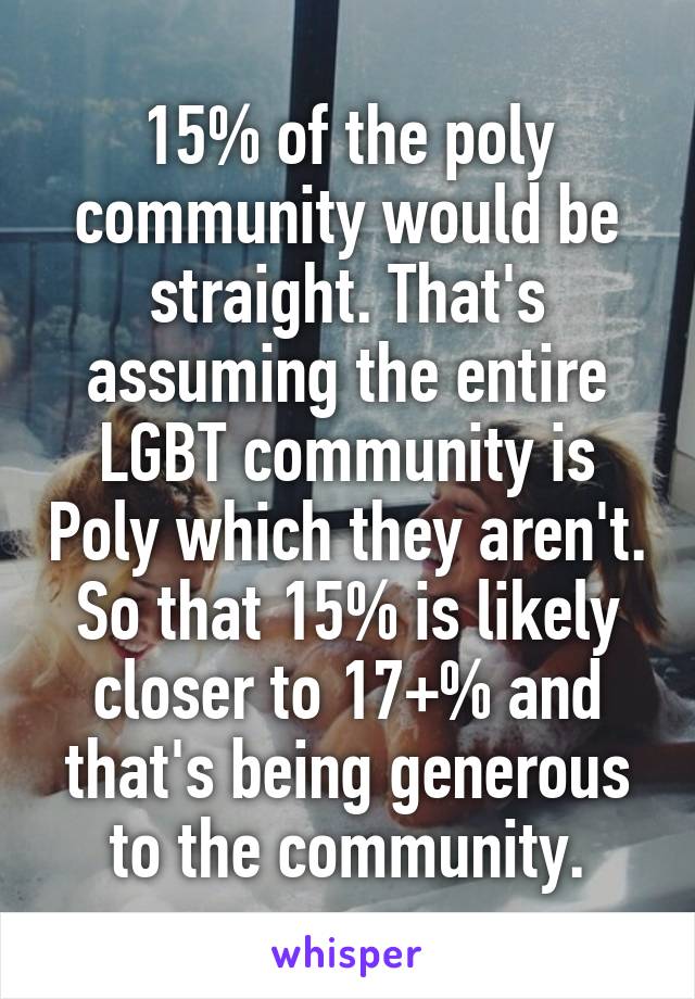 15% of the poly community would be straight. That's assuming the entire LGBT community is Poly which they aren't. So that 15% is likely closer to 17+% and that's being generous to the community.