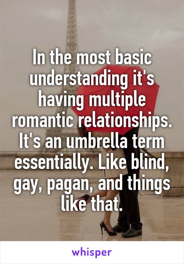 In the most basic understanding it's having multiple romantic relationships. It's an umbrella term essentially. Like blind, gay, pagan, and things like that.