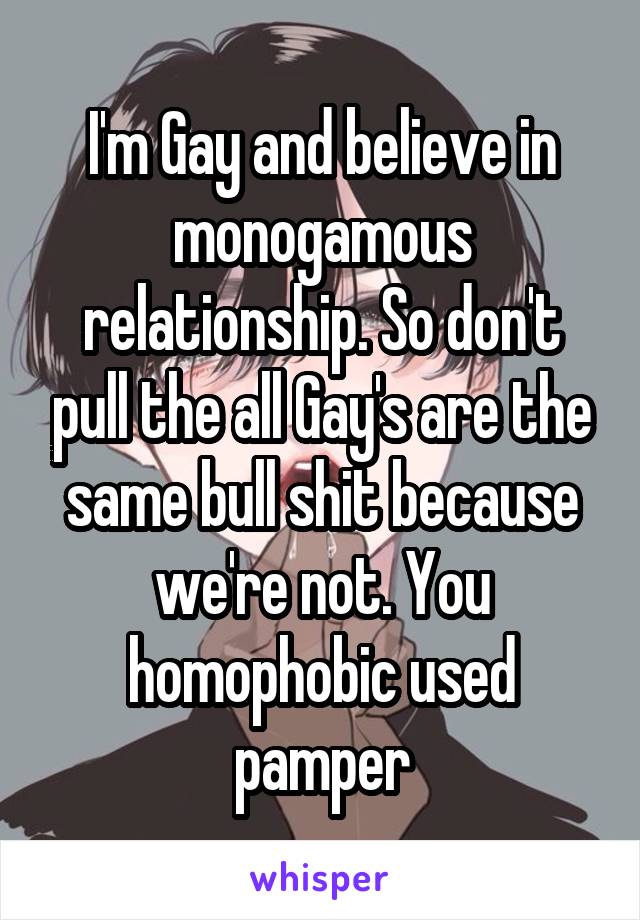 I'm Gay and believe in monogamous relationship. So don't pull the all Gay's are the same bull shit because we're not. You homophobic used pamper