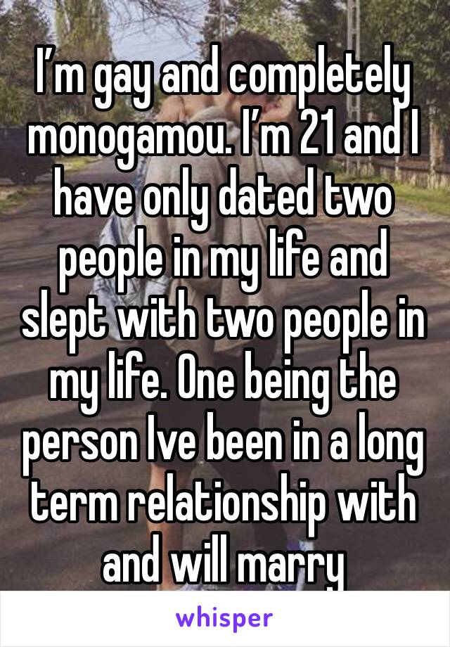 I’m gay and completely monogamou. I’m 21 and I have only dated two people in my life and slept with two people in my life. One being the person Ive been in a long term relationship with and will marry