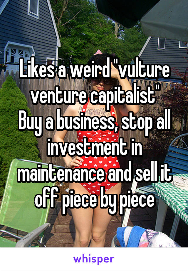 Likes a weird "vulture venture capitalist"
Buy a business, stop all investment in maintenance and sell it off piece by piece