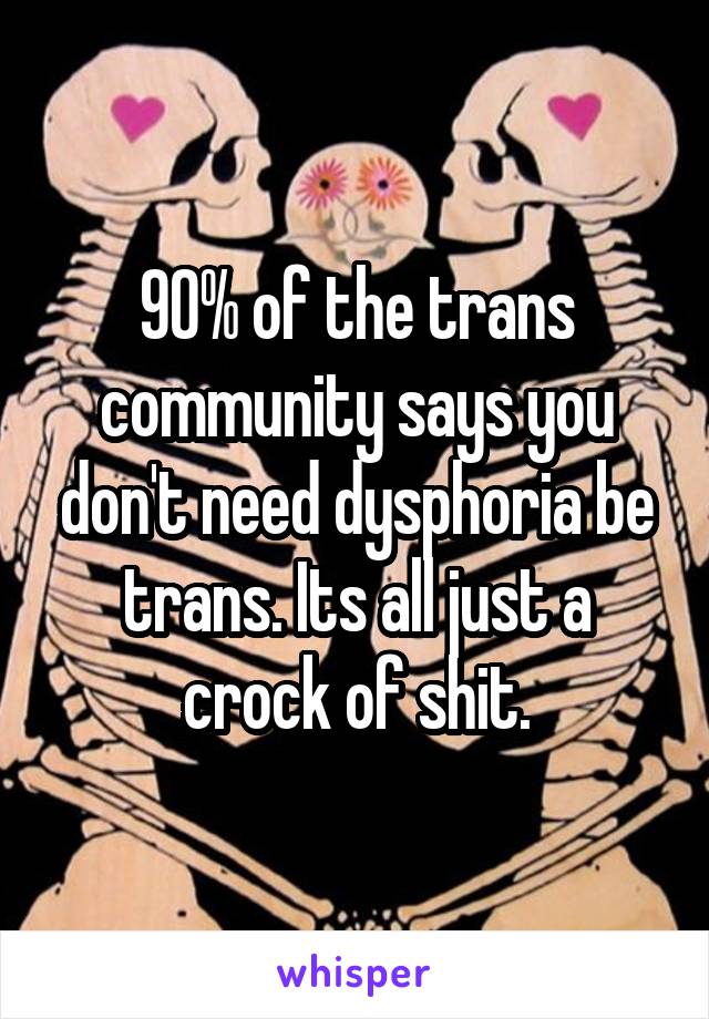 90% of the trans community says you don't need dysphoria be trans. Its all just a crock of shit.