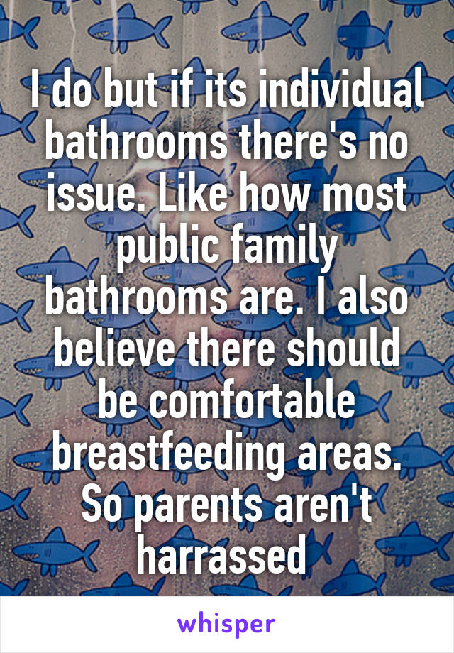 I do but if its individual bathrooms there's no issue. Like how most public family bathrooms are. I also believe there should be comfortable breastfeeding areas. So parents aren't harrassed 