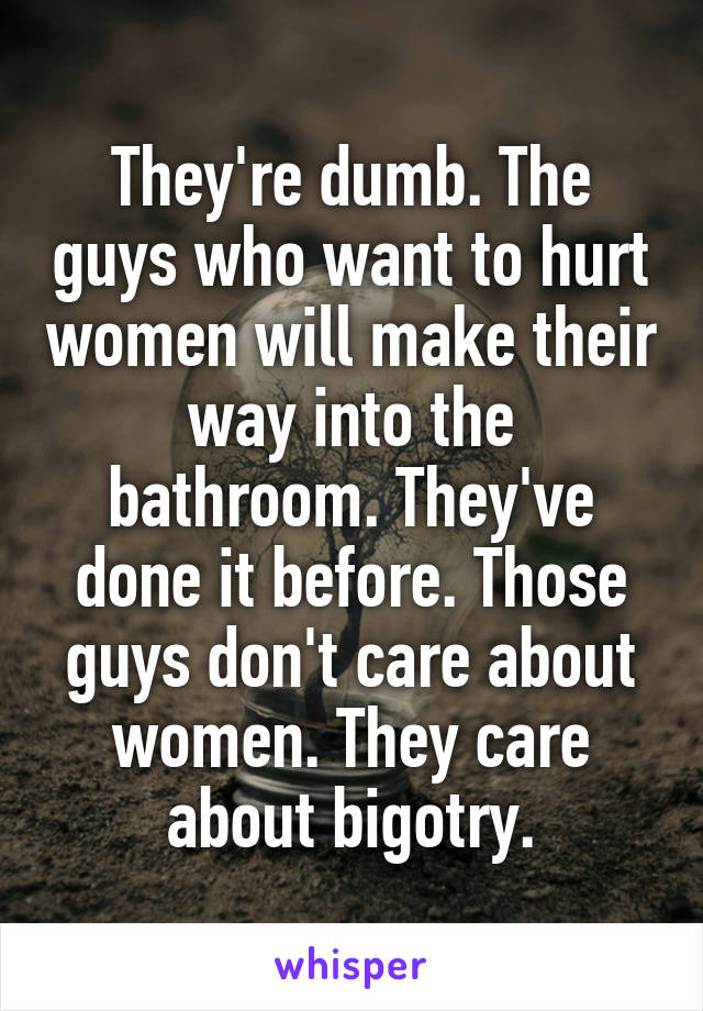 They're dumb. The guys who want to hurt women will make their way into the bathroom. They've done it before. Those guys don't care about women. They care about bigotry.