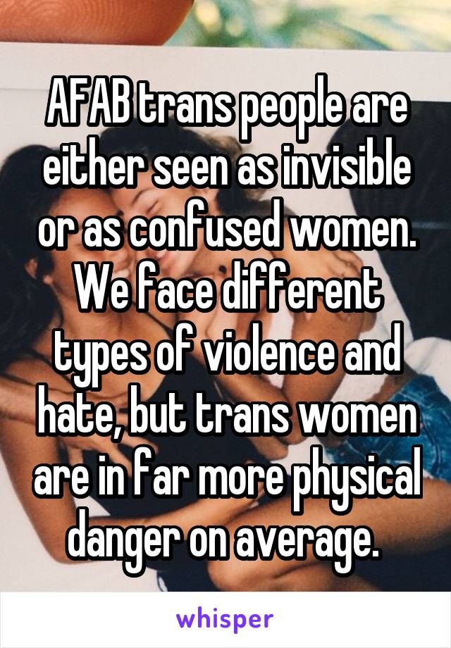 AFAB trans people are either seen as invisible or as confused women.
We face different types of violence and hate, but trans women are in far more physical danger on average. 