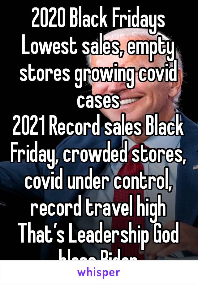 2020 Black Fridays 
Lowest sales, empty stores growing covid cases 
2021 Record sales Black Friday, crowded stores, covid under control, record travel high 
That’s Leadership God bless Biden 