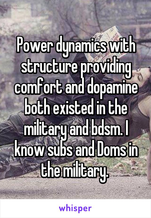 Power dynamics with structure providing comfort and dopamine both existed in the military and bdsm. I know subs and Doms in the military. 