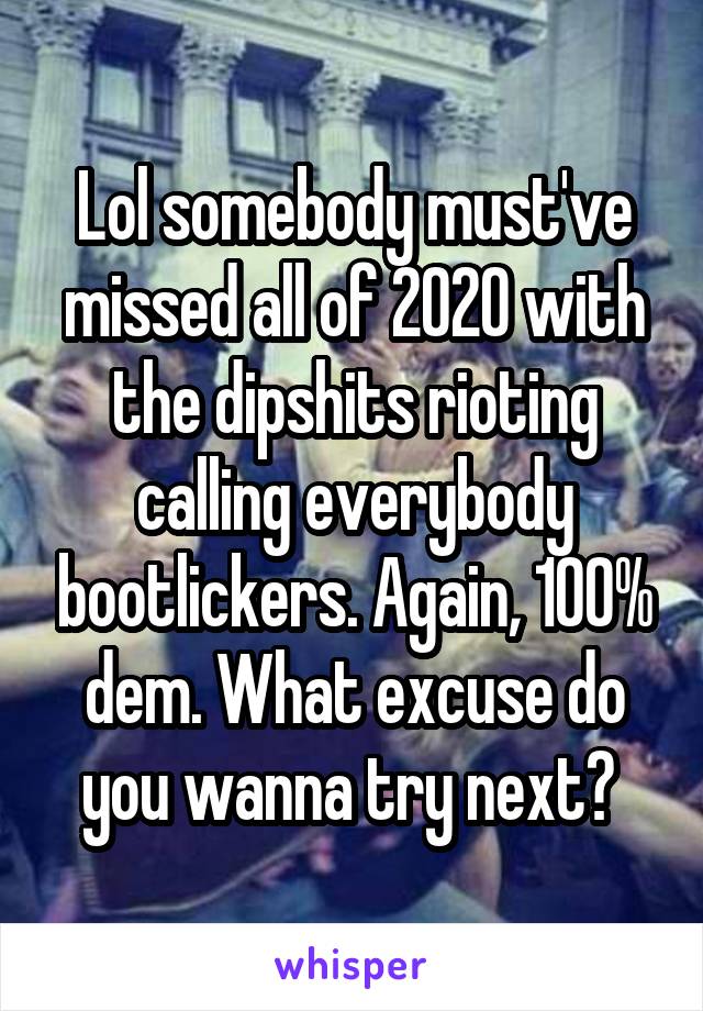 Lol somebody must've missed all of 2020 with the dipshits rioting calling everybody bootlickers. Again, 100% dem. What excuse do you wanna try next? 