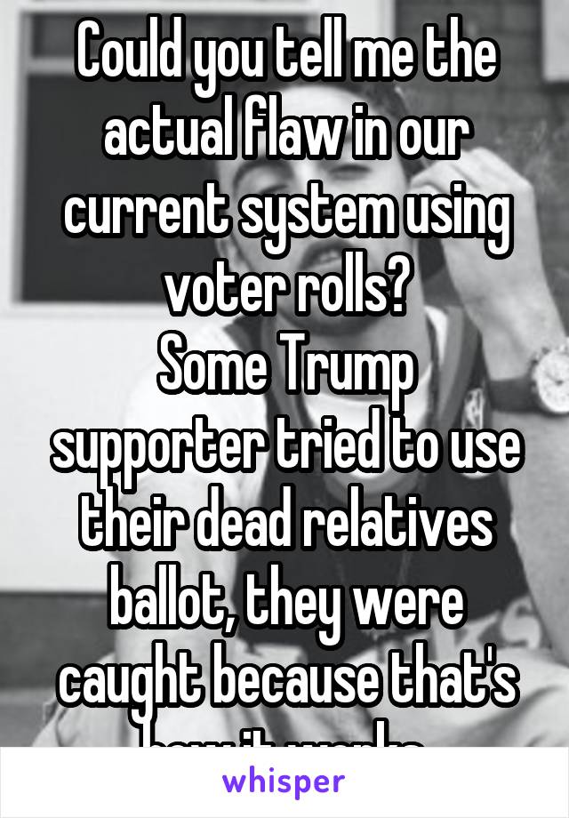 Could you tell me the actual flaw in our current system using voter rolls?
Some Trump supporter tried to use their dead relatives ballot, they were caught because that's how it works.