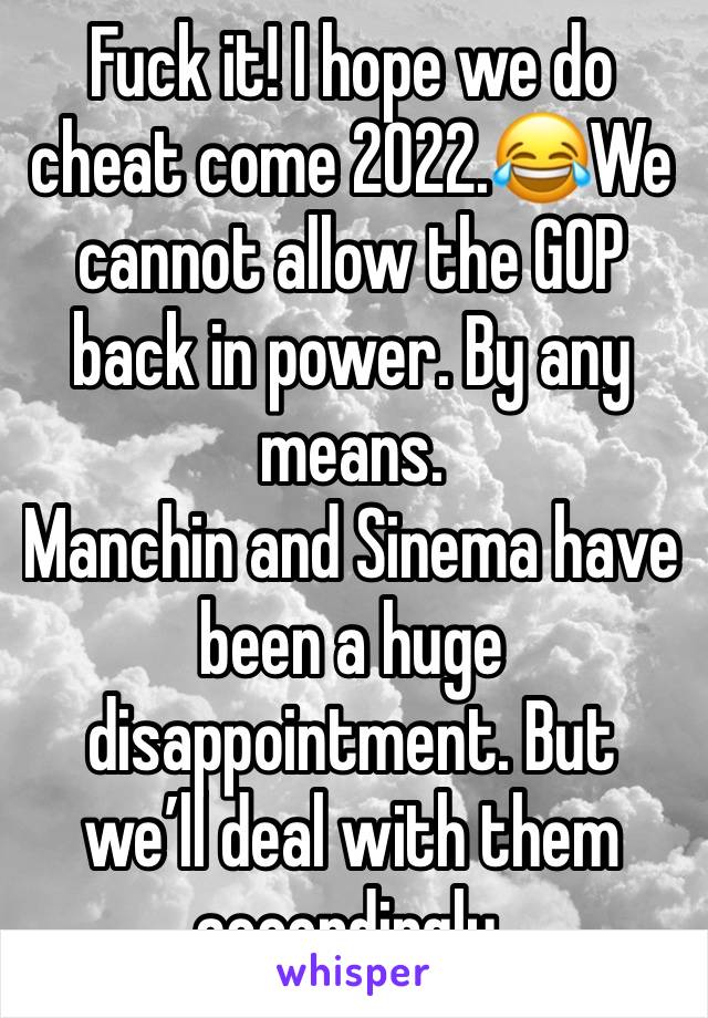 Fuck it! I hope we do cheat come 2022.😂We cannot allow the GOP back in power. By any means. 
Manchin and Sinema have been a huge disappointment. But we’ll deal with them accordingly.