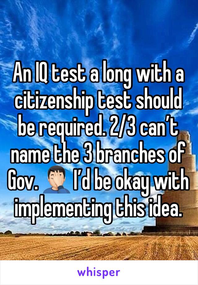 An IQ test a long with a citizenship test should be required. 2/3 can’t name the 3 branches of Gov. 🤦🏻‍♂️ I’d be okay with implementing this idea. 