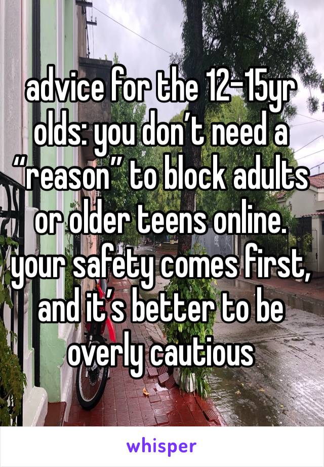 advice for the 12-15yr olds: you don’t need a “reason” to block adults or older teens online. your safety comes first, and it’s better to be overly cautious 