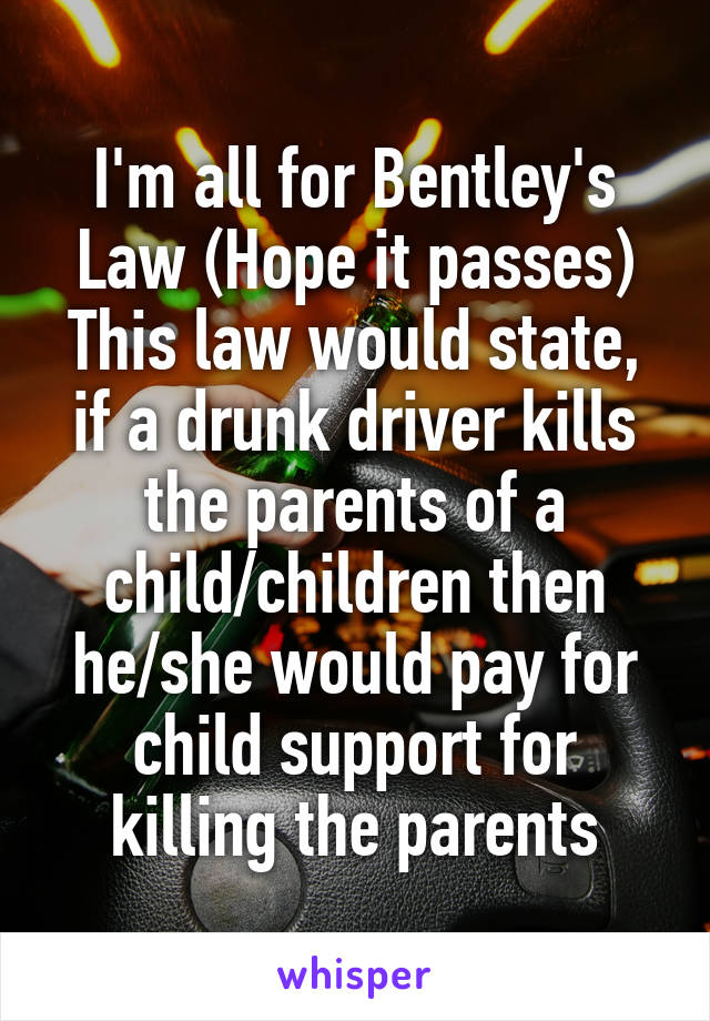 I'm all for Bentley's Law (Hope it passes)
This law would state, if a drunk driver kills the parents of a child/children then he/she would pay for child support for killing the parents