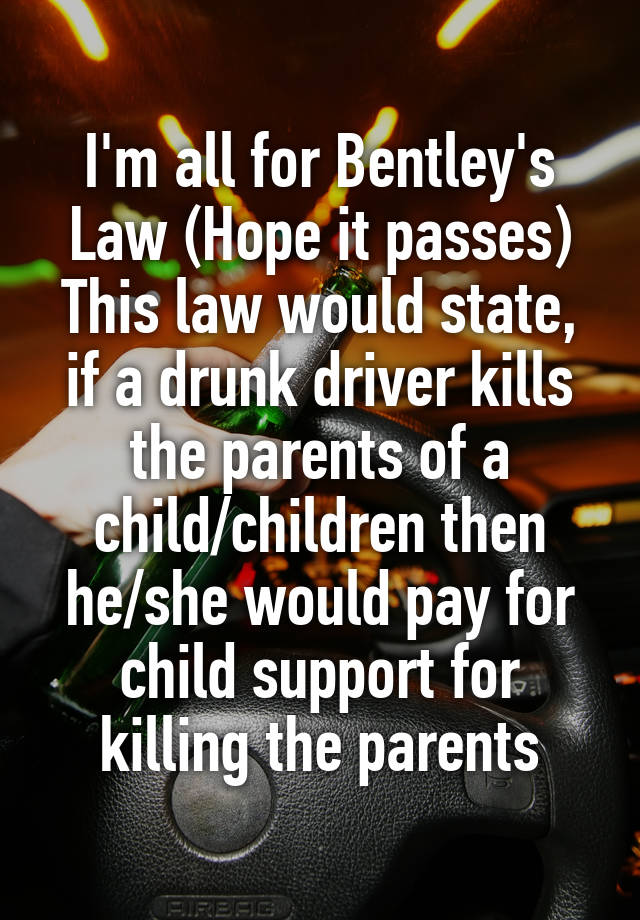 I'm all for Bentley's Law (Hope it passes)
This law would state, if a drunk driver kills the parents of a child/children then he/she would pay for child support for killing the parents
