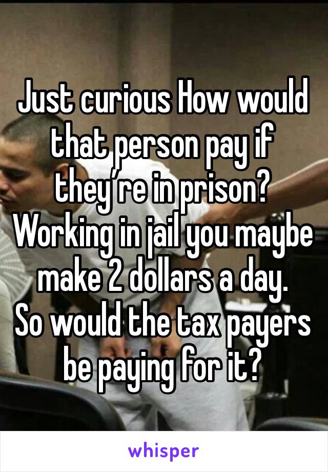 Just curious How would that person pay if they’re in prison? Working in jail you maybe make 2 dollars a day. 
So would the tax payers be paying for it? 