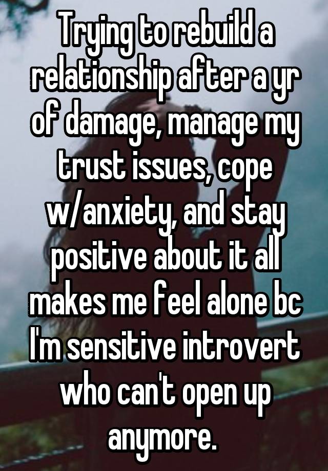 Trying to rebuild a relationship after a yr of damage, manage my trust issues, cope w/anxiety, and stay positive about it all makes me feel alone bc I'm sensitive introvert who can't open up anymore. 