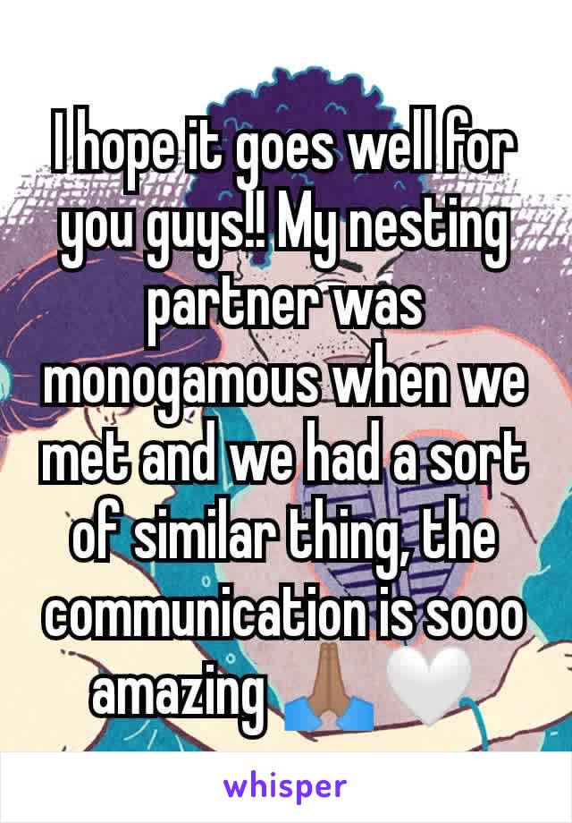 I hope it goes well for you guys!! My nesting partner was monogamous when we met and we had a sort of similar thing, the communication is sooo amazing 🙏🏽🤍