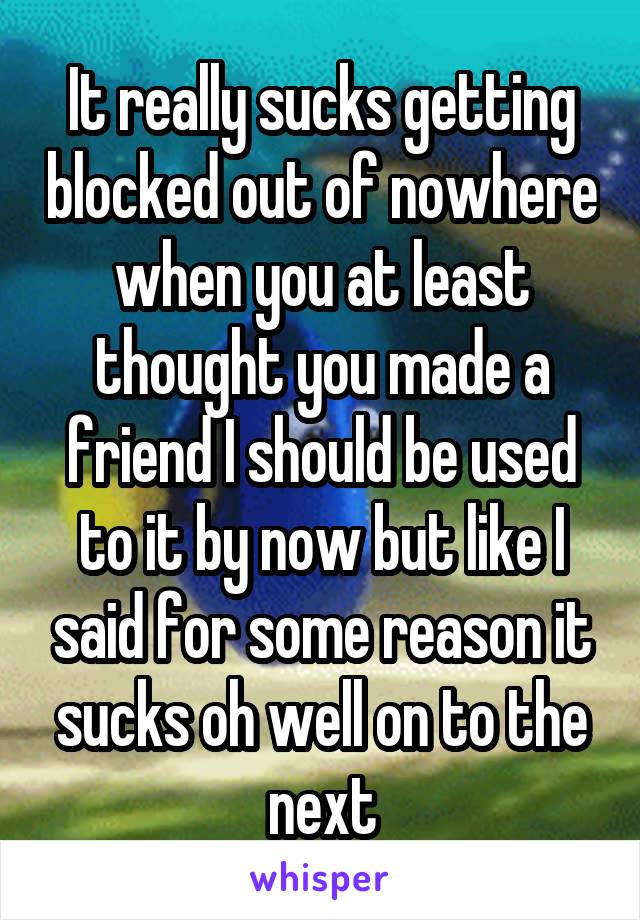 It really sucks getting blocked out of nowhere when you at least thought you made a friend I should be used to it by now but like I said for some reason it sucks oh well on to the next