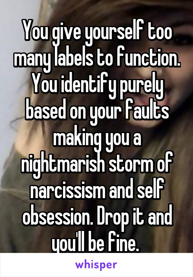 You give yourself too many labels to function. You identify purely based on your faults making you a nightmarish storm of narcissism and self obsession. Drop it and you'll be fine. 