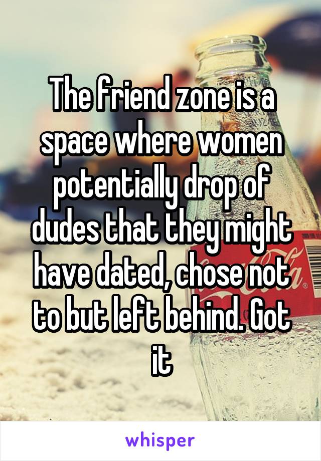 The friend zone is a space where women potentially drop of dudes that they might have dated, chose not to but left behind. Got it