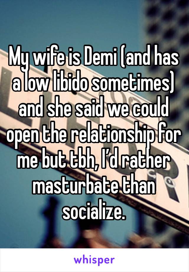 My wife is Demi (and has a low libido sometimes) and she said we could open the relationship for me but tbh, I’d rather masturbate than socialize. 