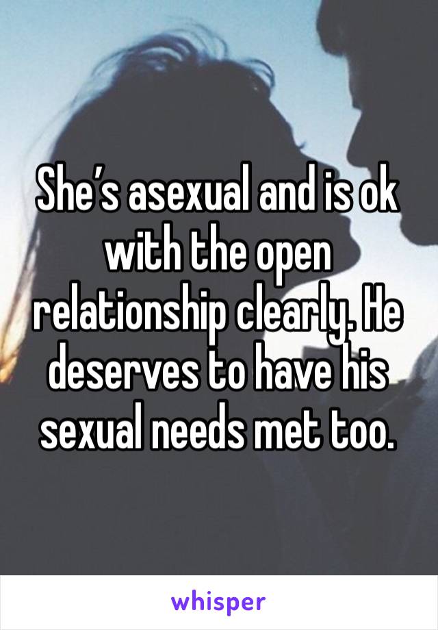 She’s asexual and is ok with the open relationship clearly. He deserves to have his sexual needs met too.