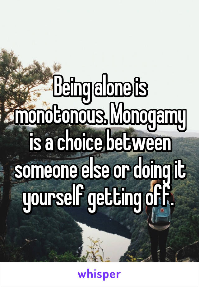 Being alone is monotonous. Monogamy is a choice between someone else or doing it yourself getting off. 